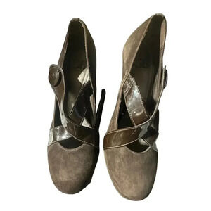 Gianni Bini Taupe Suede Black Patent Leather Trim Mary Jane Pumps Size 8M